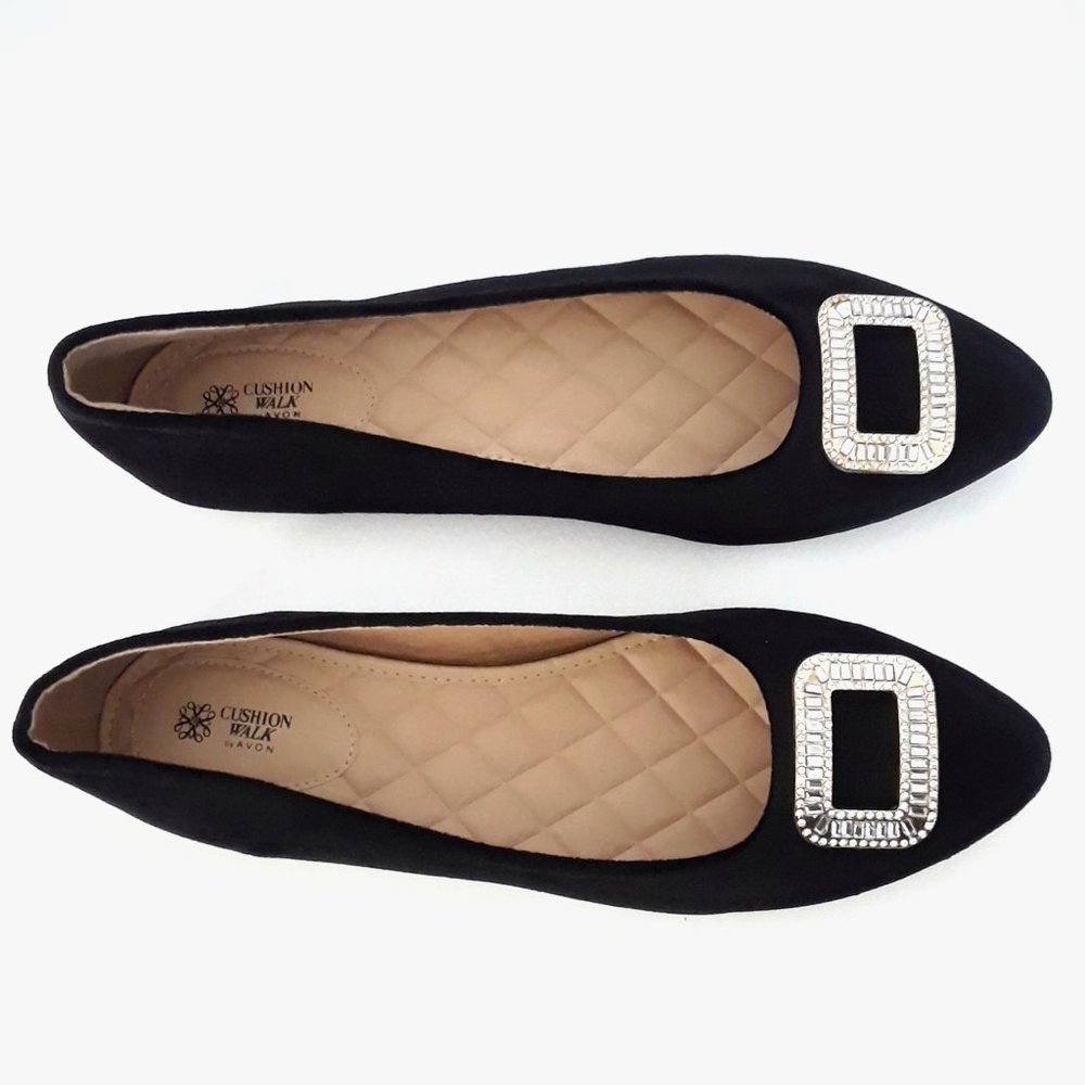 Black Velvet Rhinestone Buckle Pointed Toe Ballet Flats - Picture 3 of 15